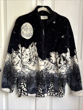 Black Mountain Moonlit Wolf Full Zip Fleece Jacket Black & White Size Medium